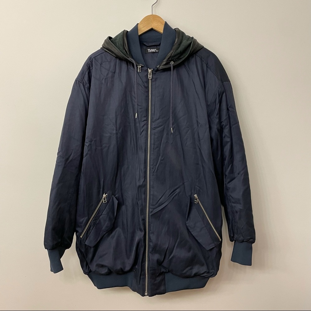 TNA, Blue, Bomber Jacket, Leather Hood, Size Large